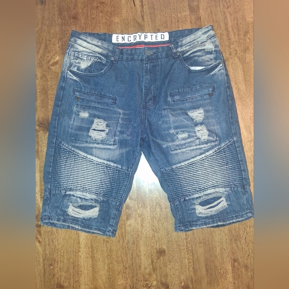 Encrypted men's blue washed denim jean shorts Distressed 38 - Picture 2 of 8
